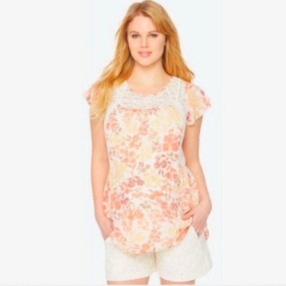 Motherhood Maternity Shirt S Flutter Sleeve Lace Panels Floral - Picture 4 of 11